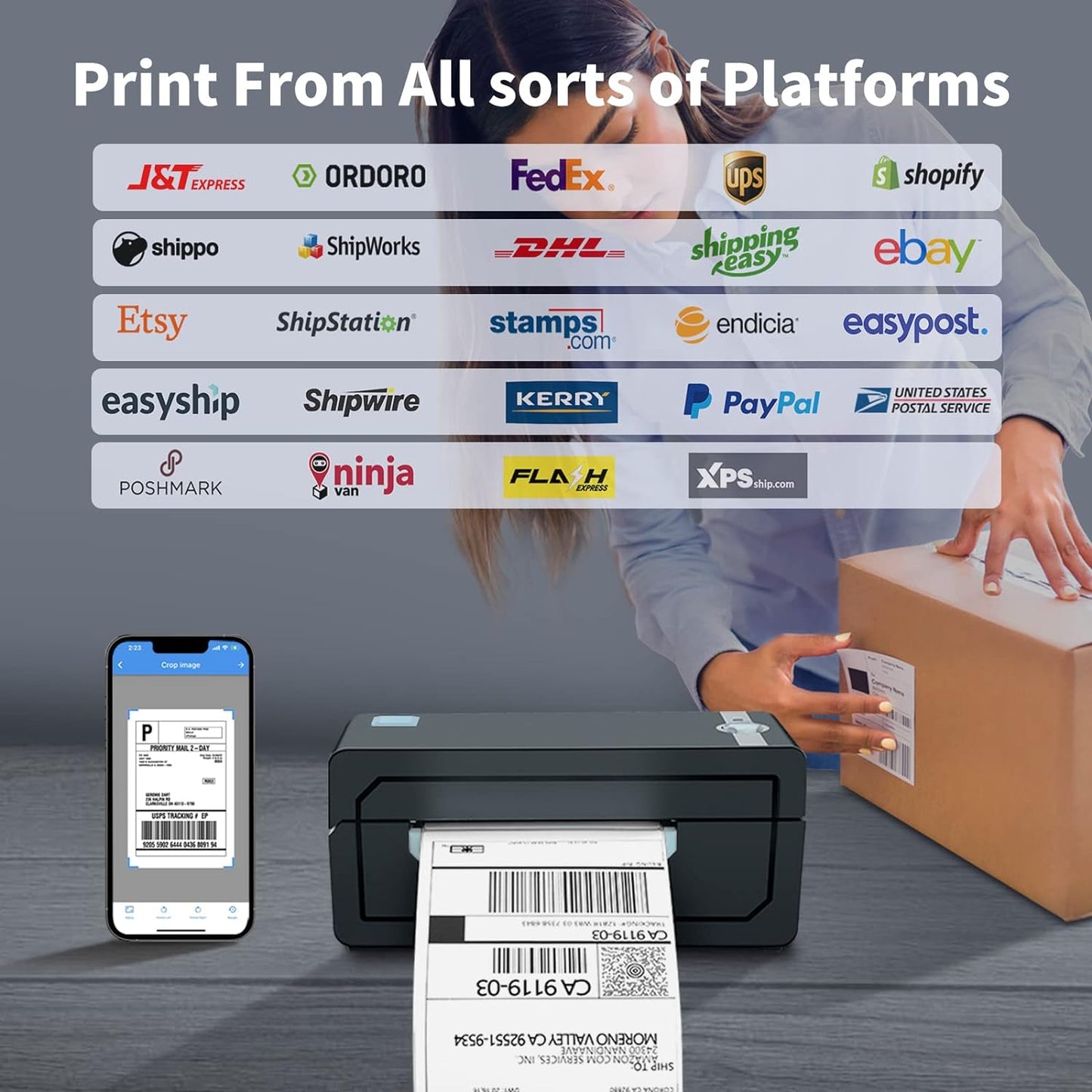 Bluetooth Thermal Monochrome Label Printer, 4X6 Shipping Label Printer, Compatible with Android&Iphone and Windows, Widely Used for Hermes, Royal Mail, Amazon, Shopify, Ebay